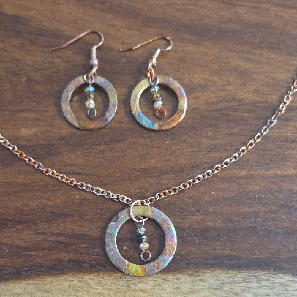 Elegant Flame Painted Multi Color Circle Pendant Necklace and Earring Set
